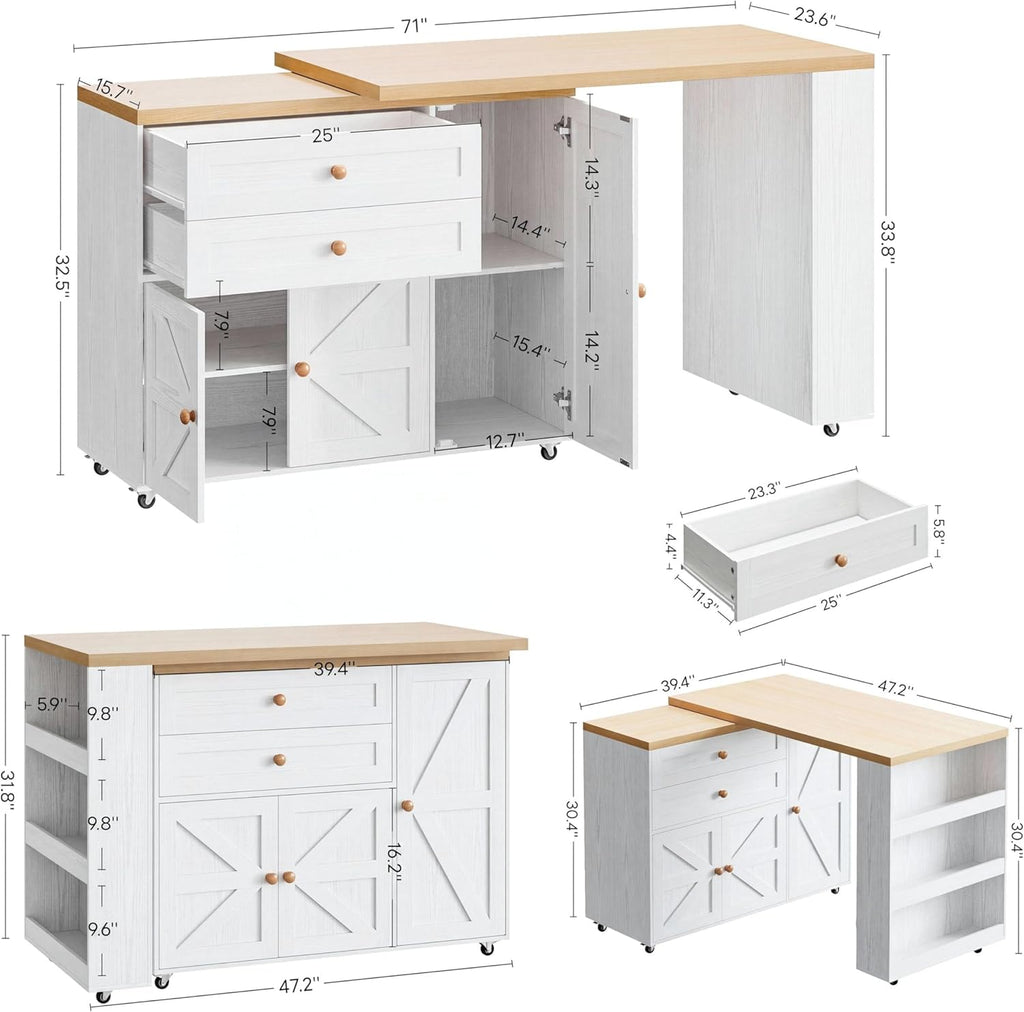 IRONCK Kitchen Island with 360° Swivel Table, 23.6 in Depth Mobile Kitchen Cart with Cabinet, Spice Rack and Drawers, White