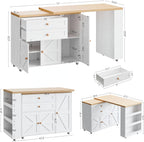 IRONCK Kitchen Island with 360° Swivel Table, 23.6 in Depth Mobile Kitchen Cart with Cabinet, Spice Rack and Drawers, White