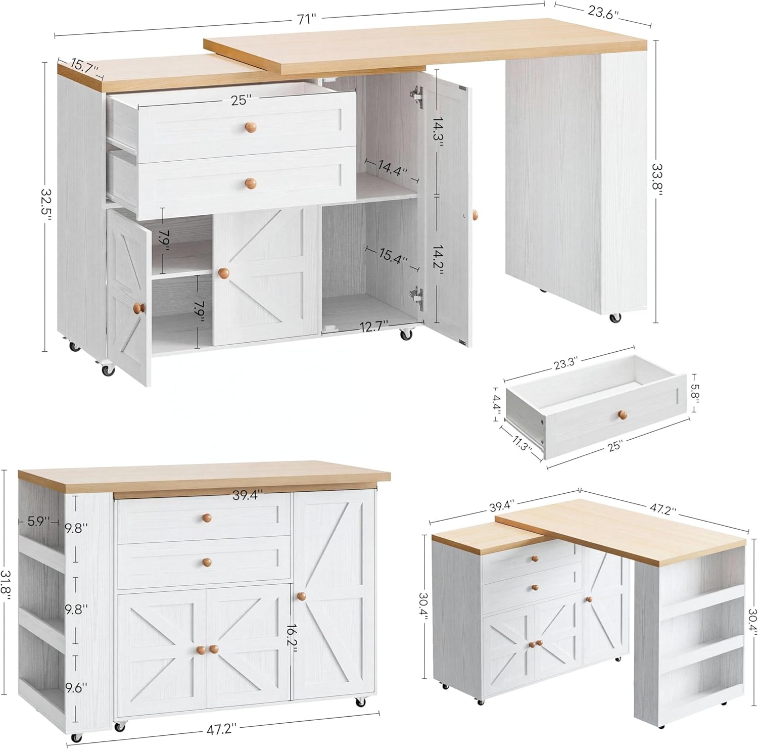 IRONCK Kitchen Island with 360° Swivel Table, 23.6 in Depth Mobile Kitchen Cart with Cabinet, Spice Rack and Drawers, White