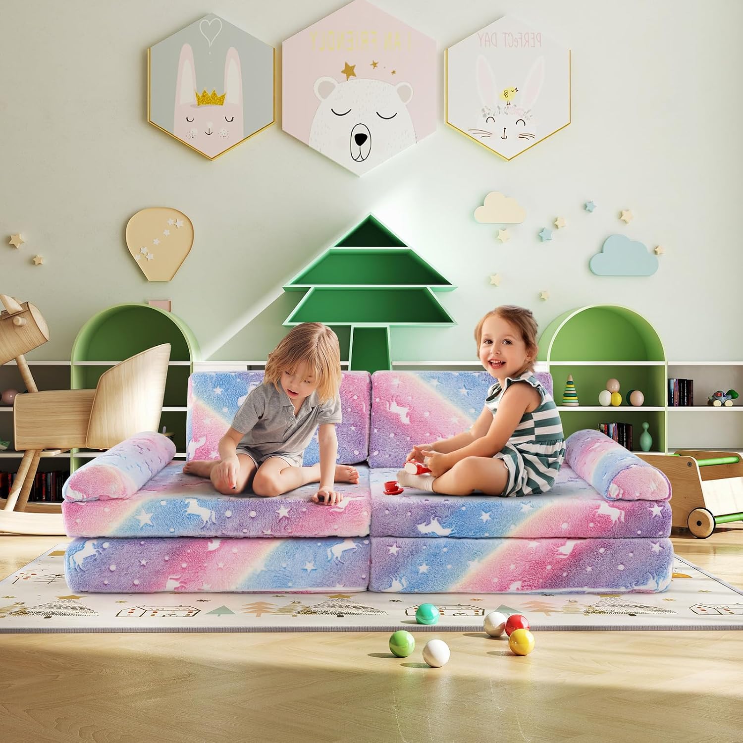 Costzon 8 Pcs Modular Kids Play Couch, Glow in the Dark Toddler Sectional Sofa with Handles, Convertible Sofa Foam Couch for Building Fort, Playroom & Kids Room Furniture (8-pcs,Multicolor)