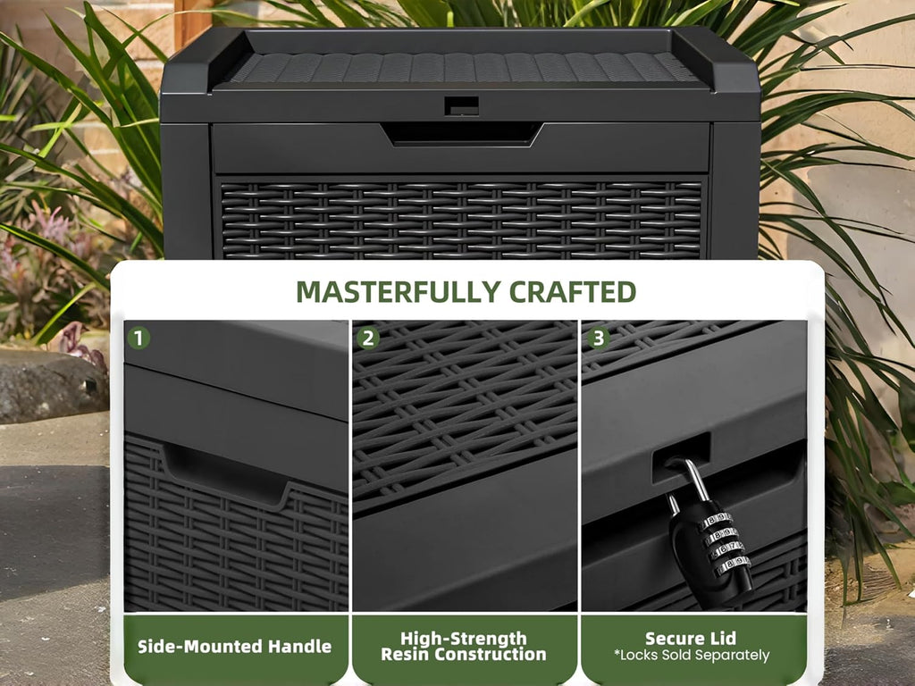 Lockable 32 Gallon Outdoor Storage Deck Box with Lid, Waterproof Resin Patio Seating Bench for Garden Tools, Cushions, Pool Toys, Black