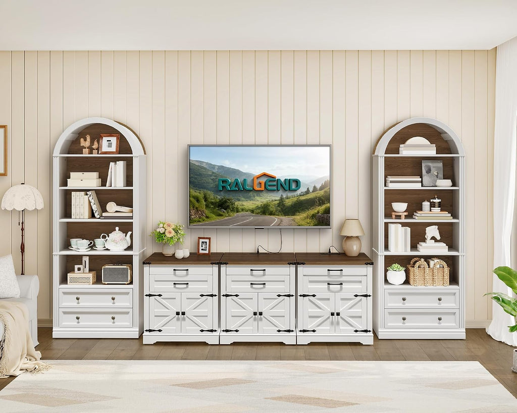 RALGEND Farmhouse End Table Set of 3, with Charging Station, 24'' Sofa Side Table with 2 Drawers and Barn Door, Large Rustic Wooden Square Nightstand for Bedroom, Living Room, White and Walnut