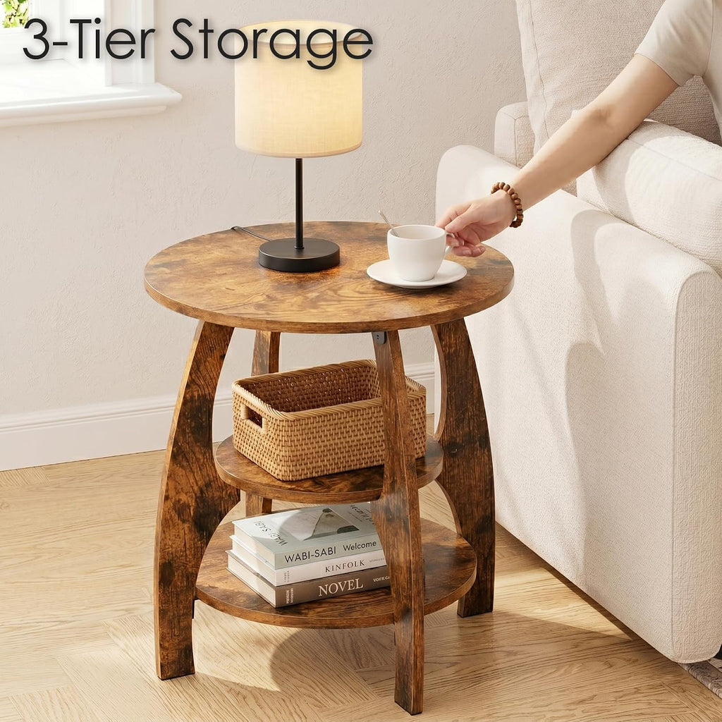 Masupu Round Side Table, 3-Tier Wood End Table, 19.7 inch Accent Table, Mid Century Modern Nightstand for Small Spaces, Living Room, Bedroom, Easy Assembly(Rustic Brown)