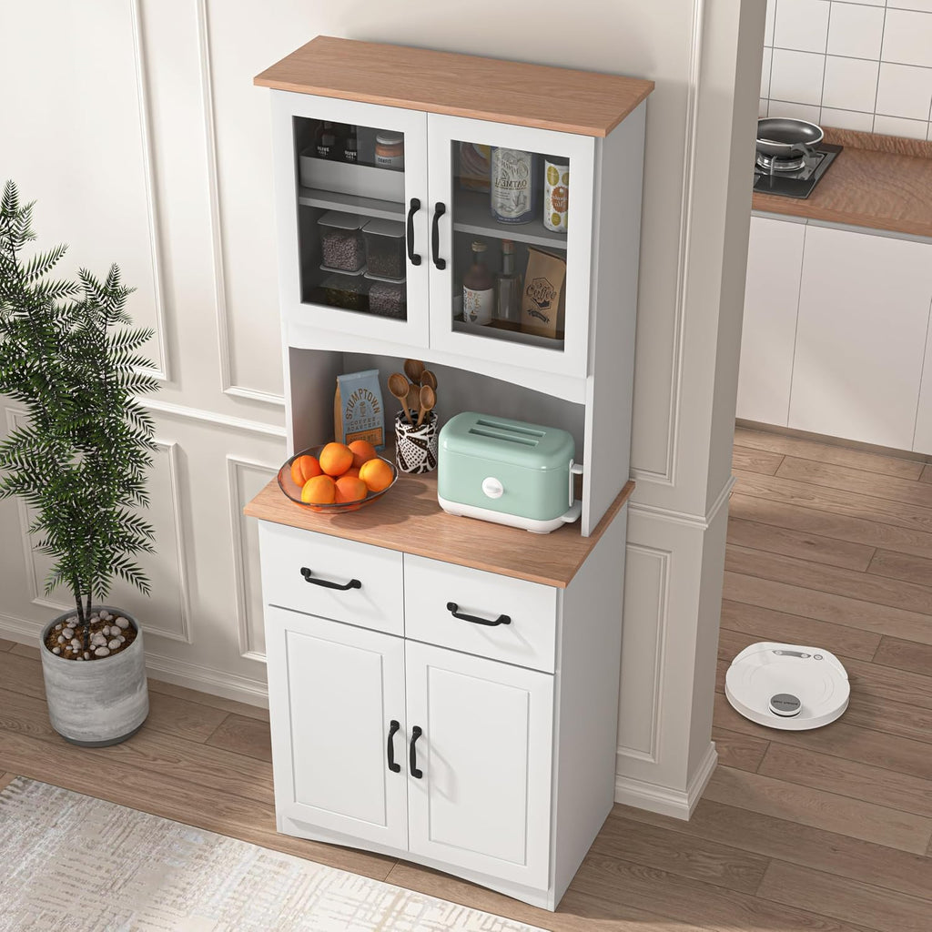 Wooden Kitchen Cabinet White Pantry Room Storage Microwave Cabinet with Framed Glass Doors and Drawer