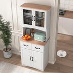 Wooden Kitchen Cabinet White Pantry Room Storage Microwave Cabinet with Framed Glass Doors and Drawer