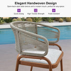 PURPLE LEAF Outdoor 30 Inch Rattan Bar Height Stools Set of 2 Modern Patio Metal Wicker Barstools Aluminum Woven Bar Chairs with Wraparound Armrest Back for Kitchen Garden Indoor Teak
