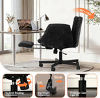 Criss Cross Chair with Footrest & 5 Level Folding Arms Full Relaxation, Wide Cross Legged Office Chair for Home Office, Comfy Swivel Desk Chair with Ottoman, Chenille Vanity Chair (Black)