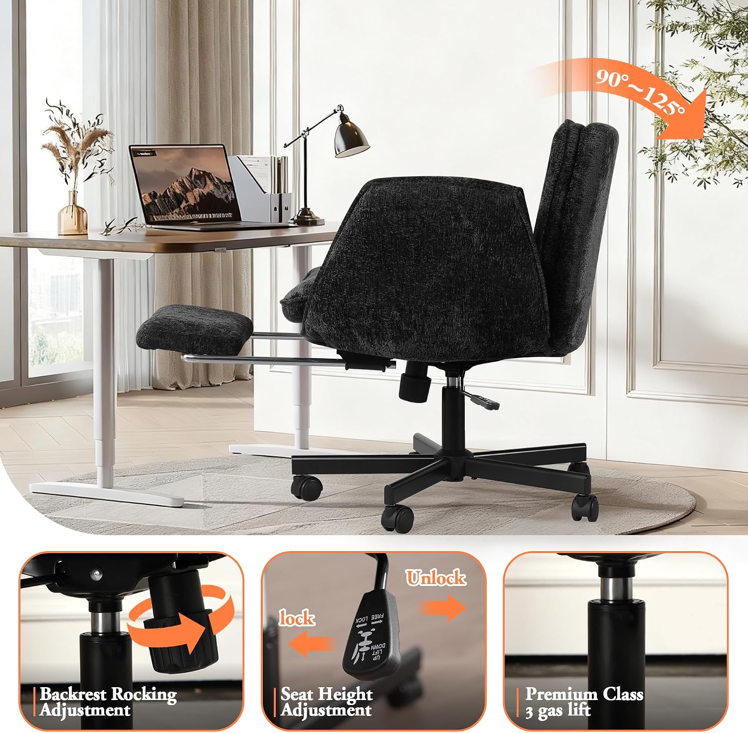 Criss Cross Chair with Footrest & 5 Level Folding Arms Full Relaxation, Wide Cross Legged Office Chair for Home Office, Comfy Swivel Desk Chair with Ottoman, Chenille Vanity Chair (Black)