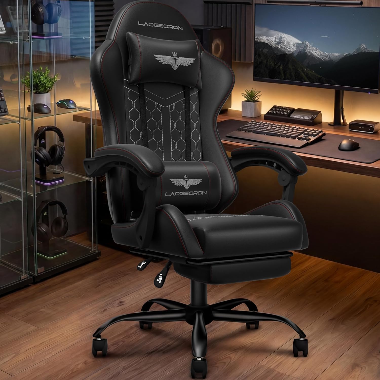 Gaming Chair, Heavy Duty Ergonomic Computer Gaming Chairs, High Back Video Game Chairs, 400 lbs Lumbar Support Linked Armrests Adult sillas Gamer with Retractable Footrest (Black)