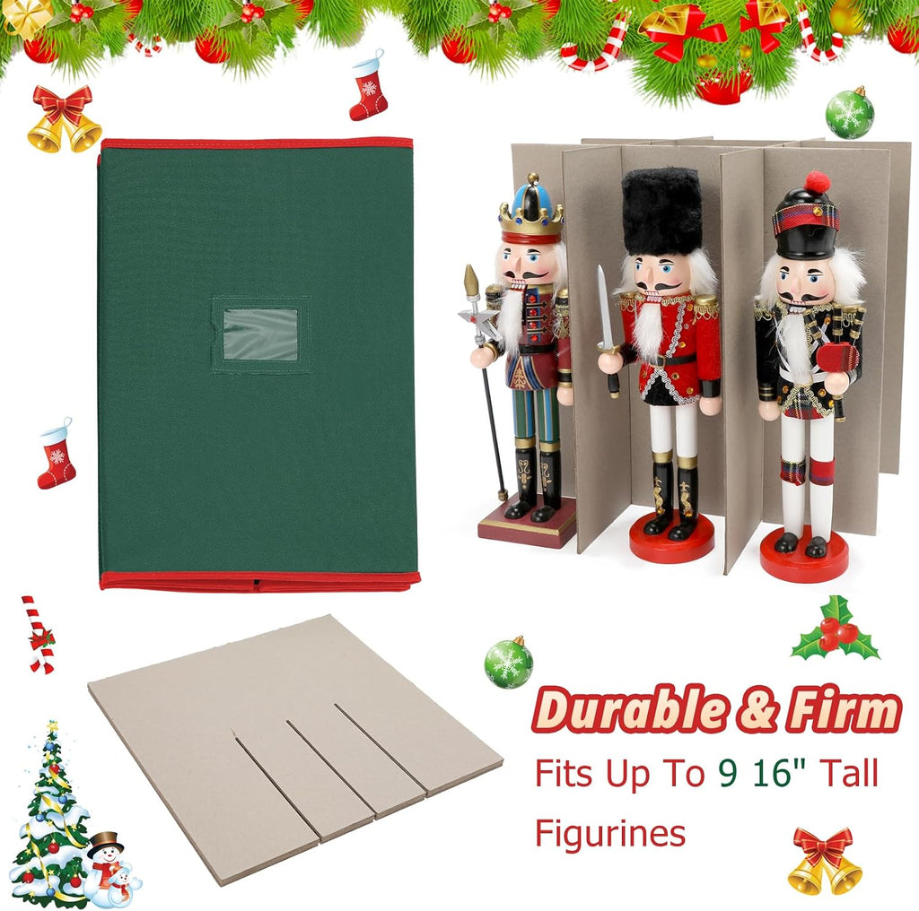 Christmas Nutcracker and Figurine Storage Box, Keeps 9 16" Tall Holiday Nutcrackers, Figurines, and More -Xmas Decor Collectible Organizer with Adjustable Dividers, 600D Oxford Fabric Tear-Proof