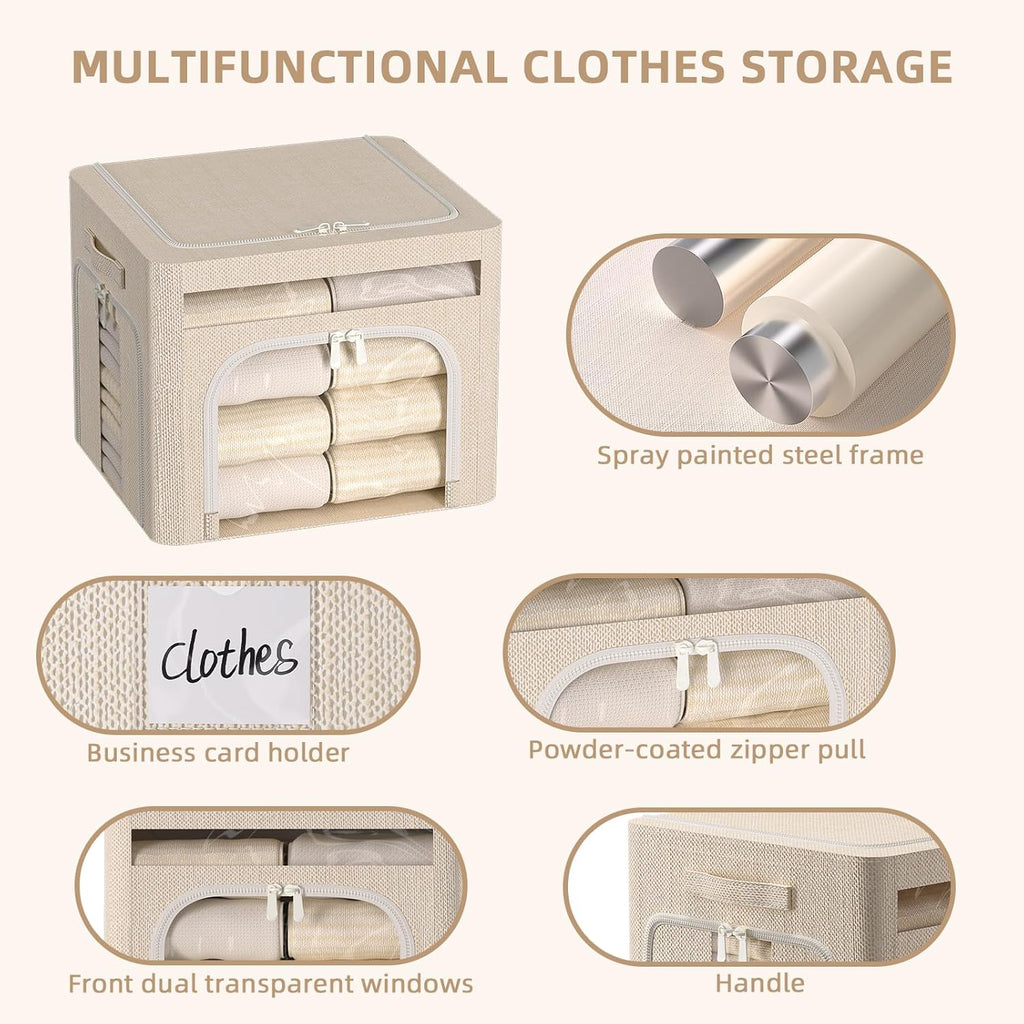 FHSQX 6 Pack Foldable Storage Bins for Clothes Clothes Storage Bins with Metal Frame Stackable Storage Box with Lid (Beige, 16.5x12.2x12.2 inch (40L))