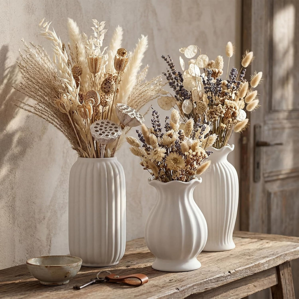 3 Pcs Vase Modern Fluted Ribbed Textured Boho Decorative Vase for Flowers Living Room Home Cabinet Table Centerpieces Wedding Kitchen Office(Milk White Vertical)