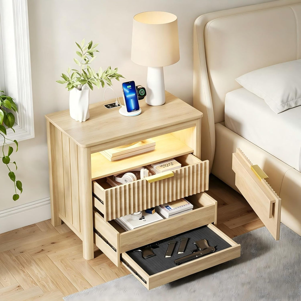 Gurexl 3-Color LED Sensor Nightstand with Gun Drawer, Charge Station, Wood