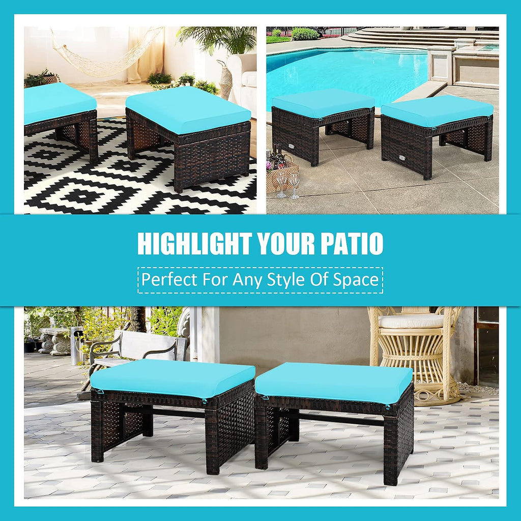 Tangkula 2 Pieces Patio Rattan Ottomans, All Weather Outdoor Footstool Footrest Seat with Soft Cushion, Hidden Zipper, High-Density Sponge, Wicker Ottoman Seat for Patio, Garden, Poolside (Turquoise)