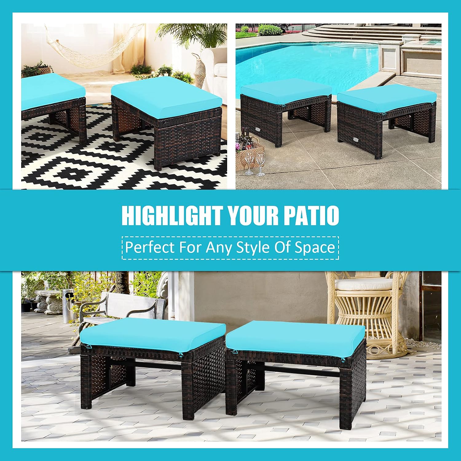 Tangkula 2 Pieces Patio Rattan Ottomans, All Weather Outdoor Footstool Footrest Seat with Soft Cushion, Hidden Zipper, High-Density Sponge, Wicker Ottoman Seat for Patio, Garden, Poolside (Turquoise)