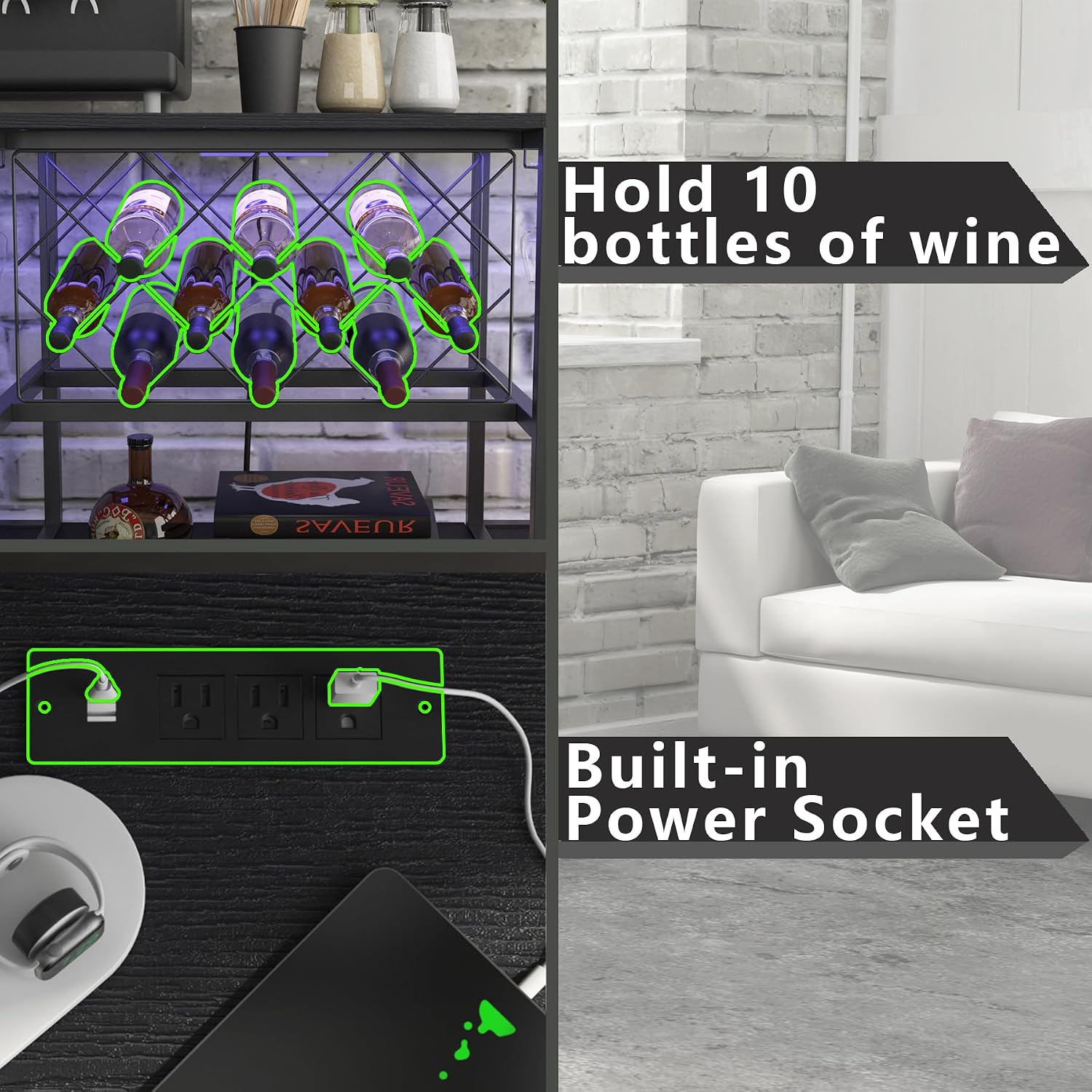 ZOPEND Wine Cabinet Coffee Table with Power Socket and LED Light, Three Tiers Coffee Bar Table Wine Rack Liqour Bar with Large Storage for Home Kitchen (Black)