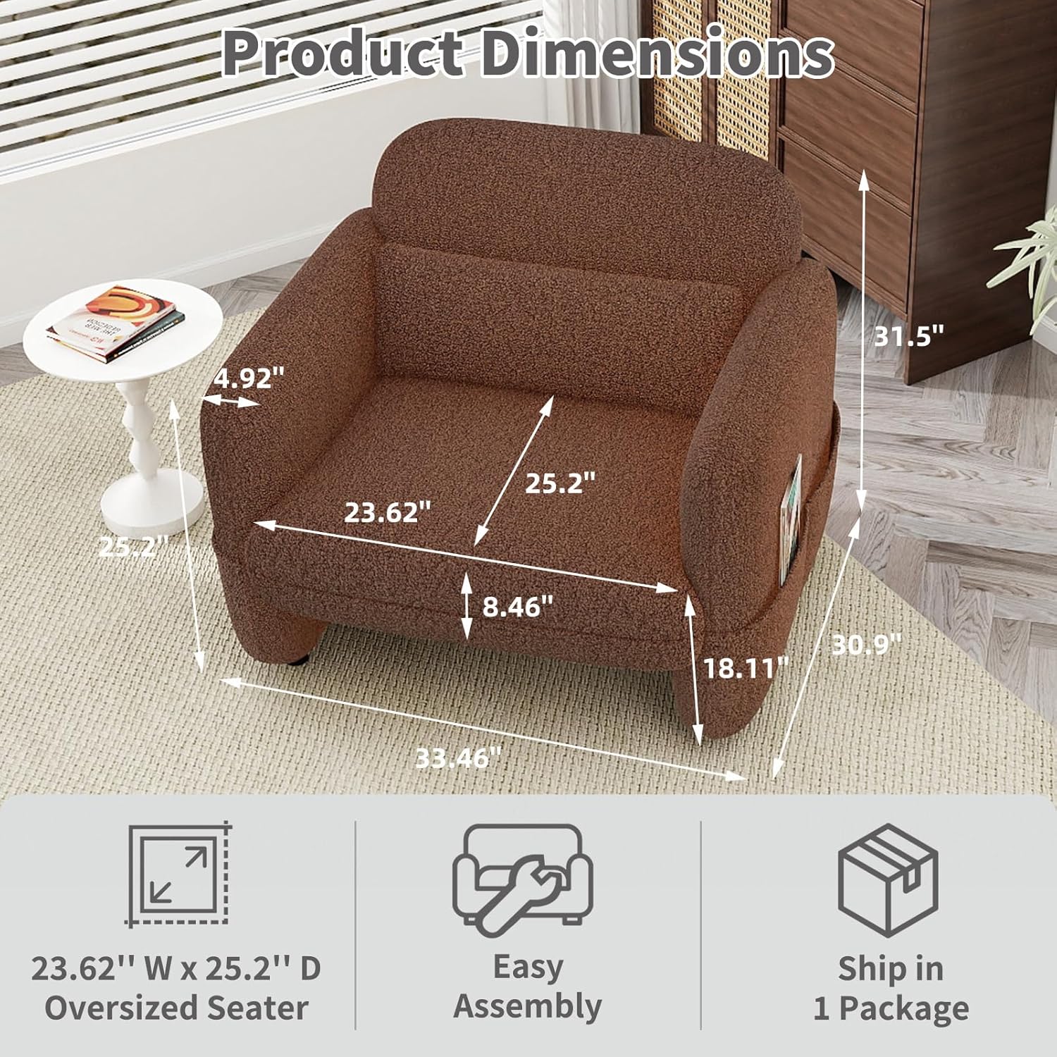 33.46" Accent Chairs Set of 2, Comfy Living Room Reading Chairs, Oversized Sherpa Lamb Lounge arm Chair with Waist Pillow for Bedroom and Living Room (Dark Brown)