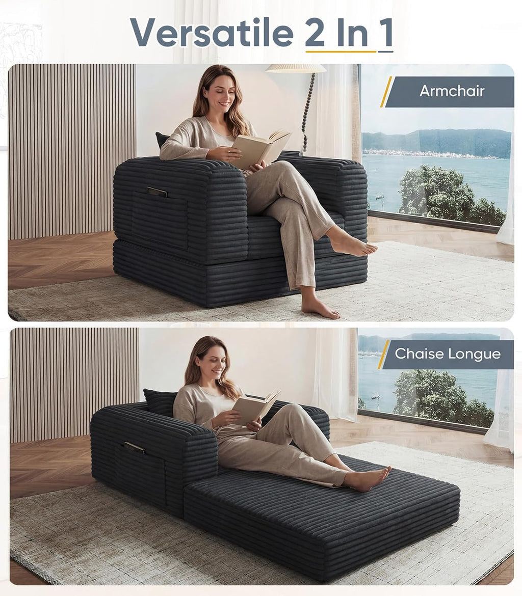 Versatile Boneless Accent Chair Couch Convertible Sleeper Chair Chaise Lounge Chair Indoor BeanBag for Adult Kids, Oversized Comfy Futon Floor Folding Sofa Bed Portable for Living Room Bedroom, Black