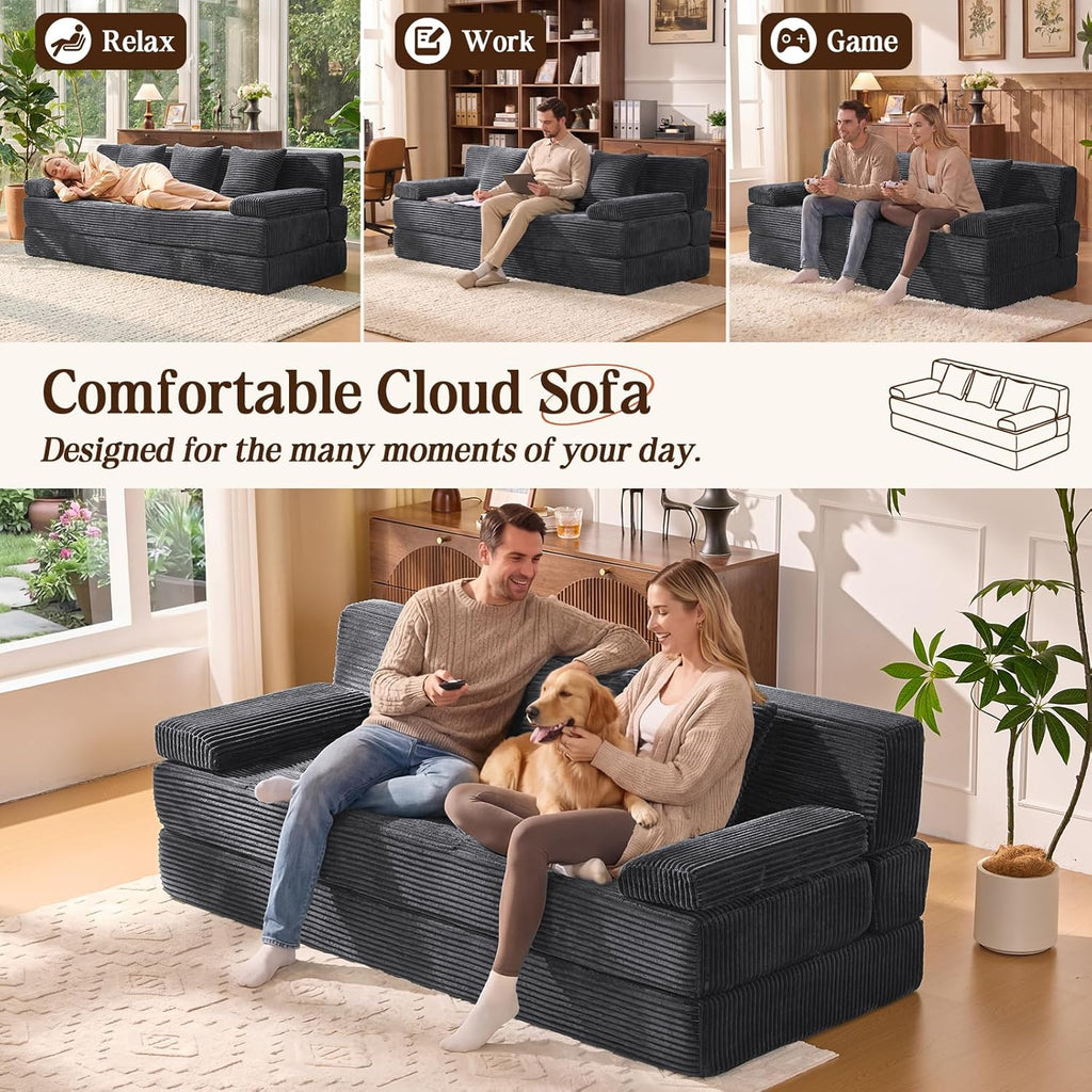 78.7IN Folding Sofa Bed - Convertible Sleeper Sofa Couch with Zippered Pillows, 3 Seater Couches Bed for Living Room, Bedroom, Apartment, No Assembly Required, Freestanding, Corduroy, Gray