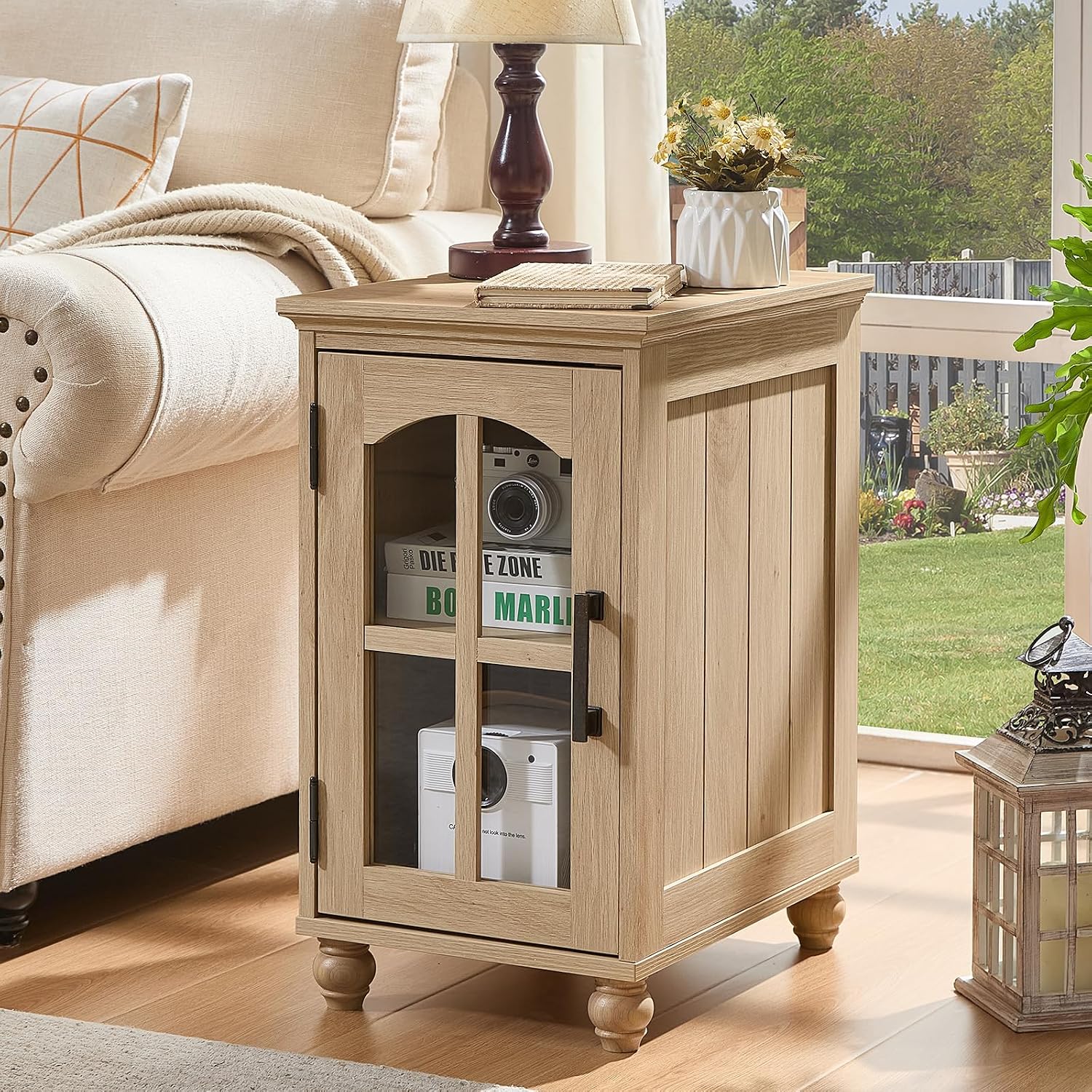 RWYHG Narrow Side Table, Farmhouse Nightstand with Charging Station | End Tables with Glass Barn Door, Cabinet Organizer with Adjustable Shelf, Night Stand for Small Spaces Living Room Bedroom