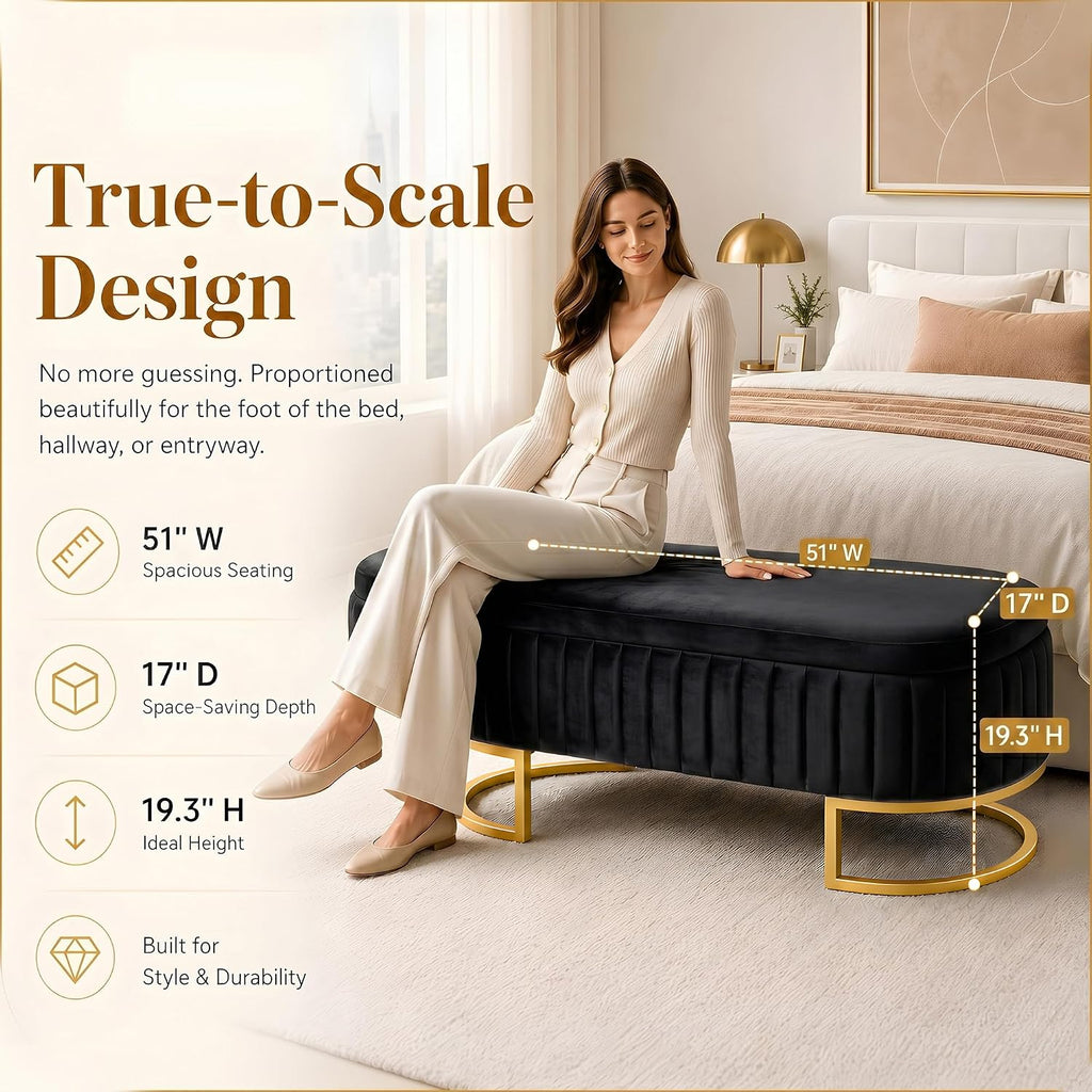 50.5" Modern Velvet Storage Bench, Luxury Channeled Queen Size End of Bed Bench with Hidden Storage and Gold Legs, Modern Glam Ottoman Bench for Bedroom, Living Room, Entryway, Black