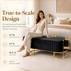 50.5" Modern Velvet Storage Bench, Luxury Channeled Queen Size End of Bed Bench with Hidden Storage and Gold Legs, Modern Glam Ottoman Bench for Bedroom, Living Room, Entryway, Black