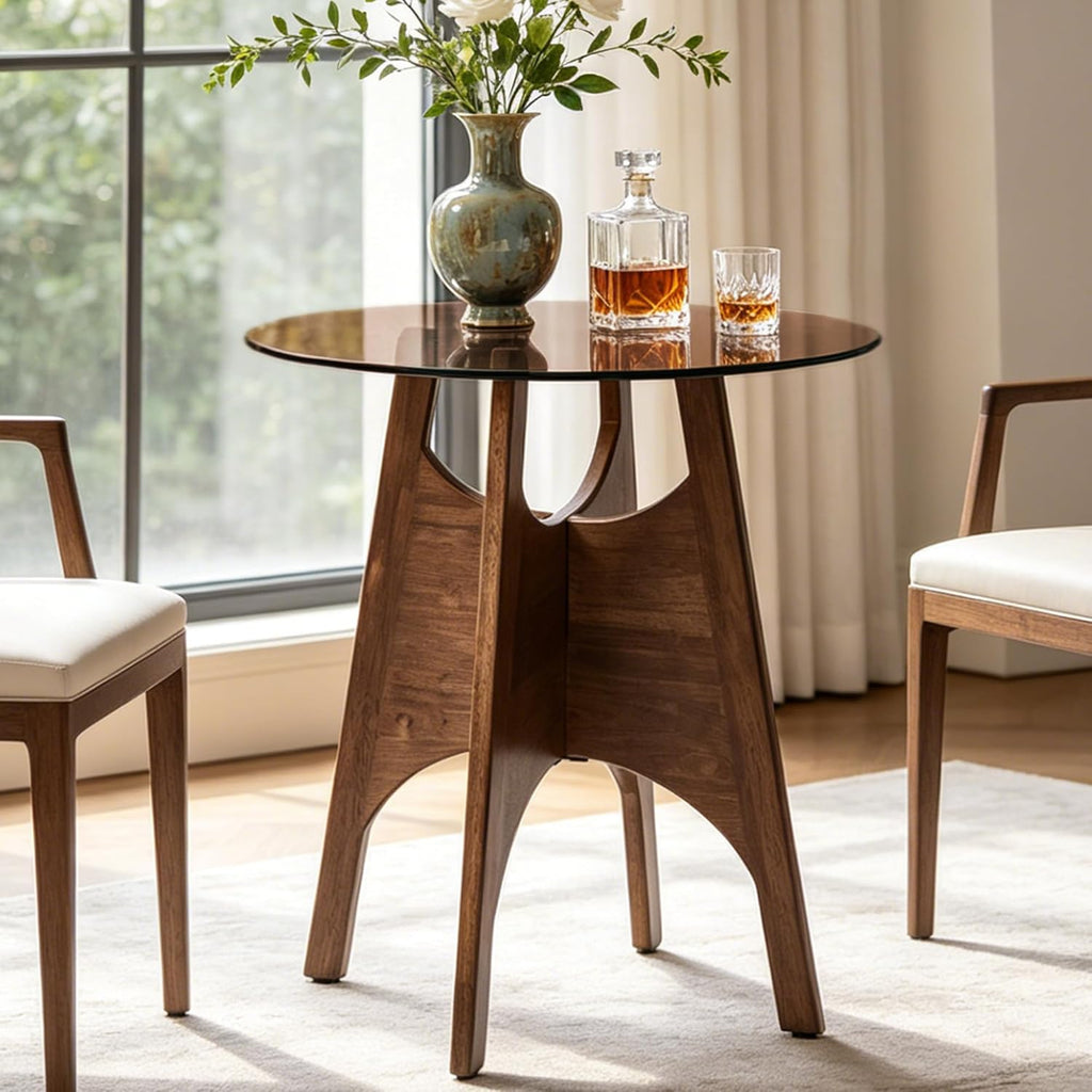24 inch Round Glass Dining Table for 2, Tempered Glass Top with Solid Oak Tulip Base, Modern Small Kitchen Table for Apartment, Bistro and Dining Room