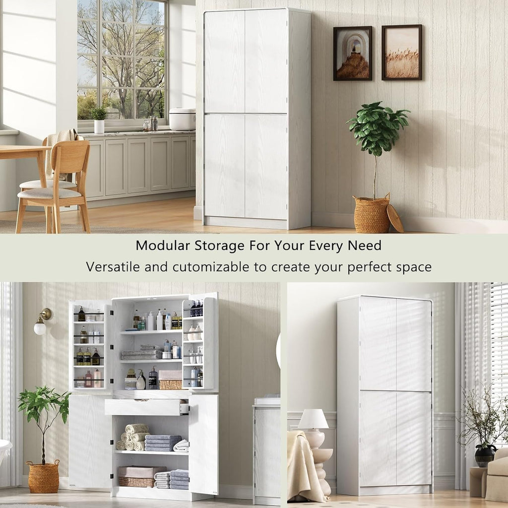 72" Tall Arched Kitchen Pantry Cabinet with 3 Adjustable Shelves, Modern Storage Cabinet with Hidden Drawer and 8 Door Shelves for Kitchen, Dining and Bathroom (White)
