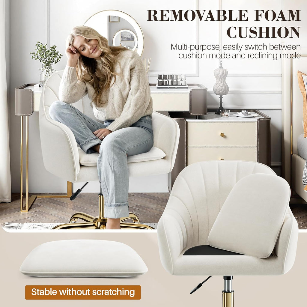 Vanity Chair with Wheels, Adjustable Swivel Desk Chair, Velvet Home Office Makeup Chair with Gold Base, Beige