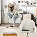 Vanity Chair with Wheels, Adjustable Swivel Desk Chair, Velvet Home Office Makeup Chair with Gold Base, Beige
