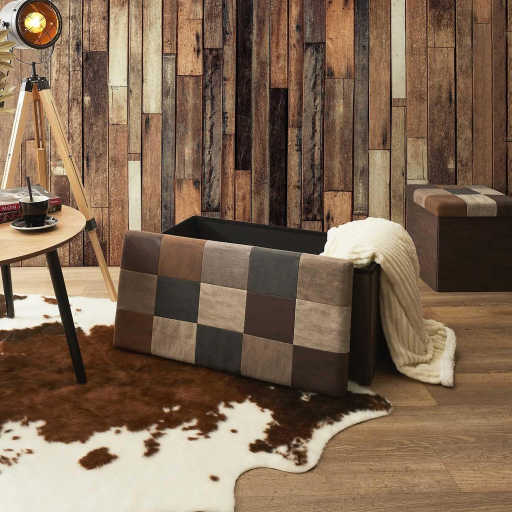HOME DECO FACTORY, HD7666, Patchwork PU M2, Bistro Indus Furniture, Folding Chest and Bench, 76x38x38cm, Seat Height 38cm, Brown