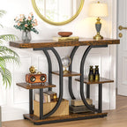ikkle 42.5" Console Table, Industrial 4-Tier Sofa Table Entryway Table with Curved Base, Narrow Wood Accent Tables with Storage Shelves for Living Room, Hallway, Foyer, Rustic Brown