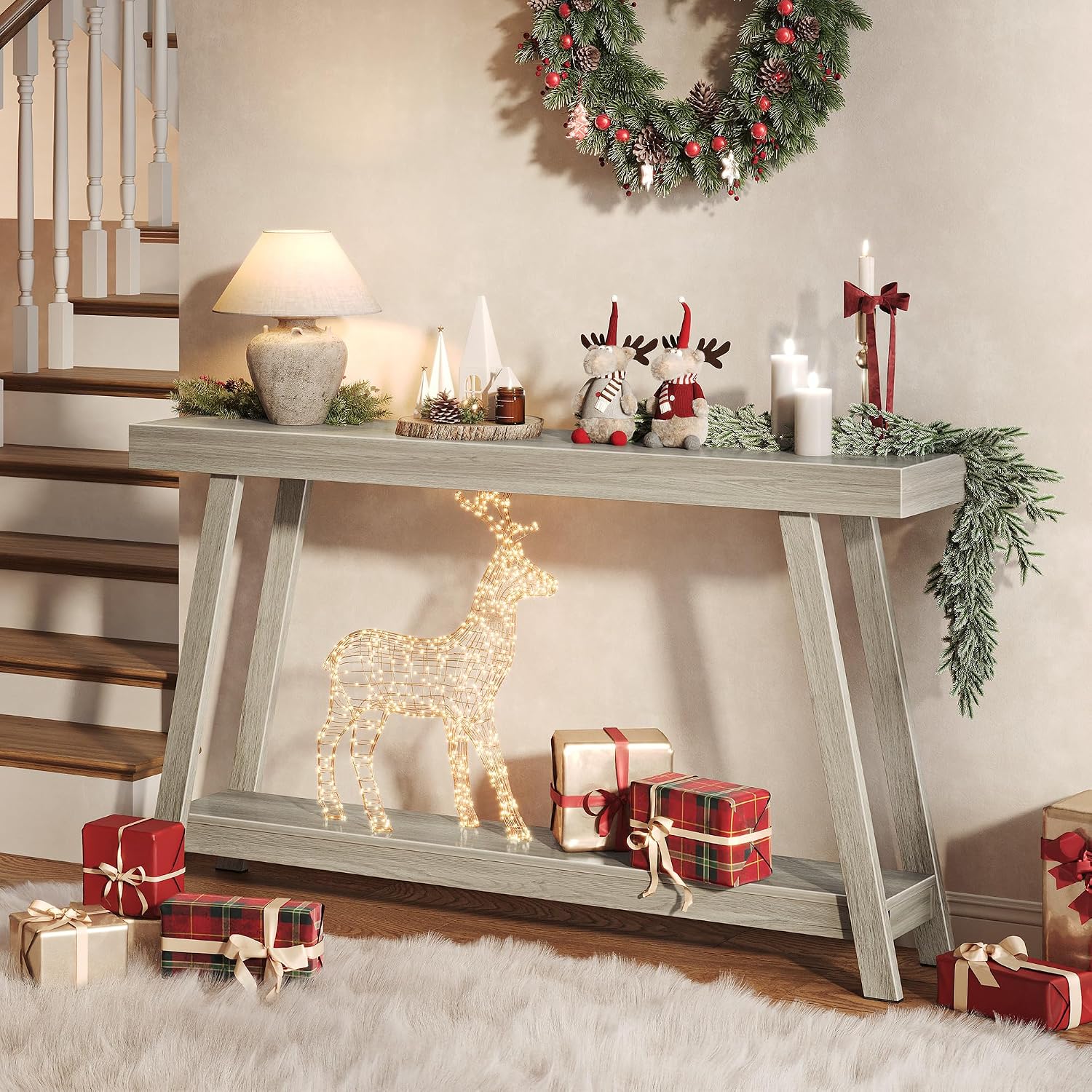 Huuger Console Table with Charging Station, USB-C Port, 2 Tiers Entryway Table, 53.9 Inch Sofa Table with Metal Legs, Entry Hallway Table with Thicker Desktop, Modern Behind Couch Table, Grey
