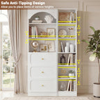 Cyclysio 80" Tall Pantry System with 3 Drawers, Arched Pantries with 9-Tier Open Shelves, Wooden Cupboard Storage Organizer with Baseboard Cutout for Living Room, Kitchen