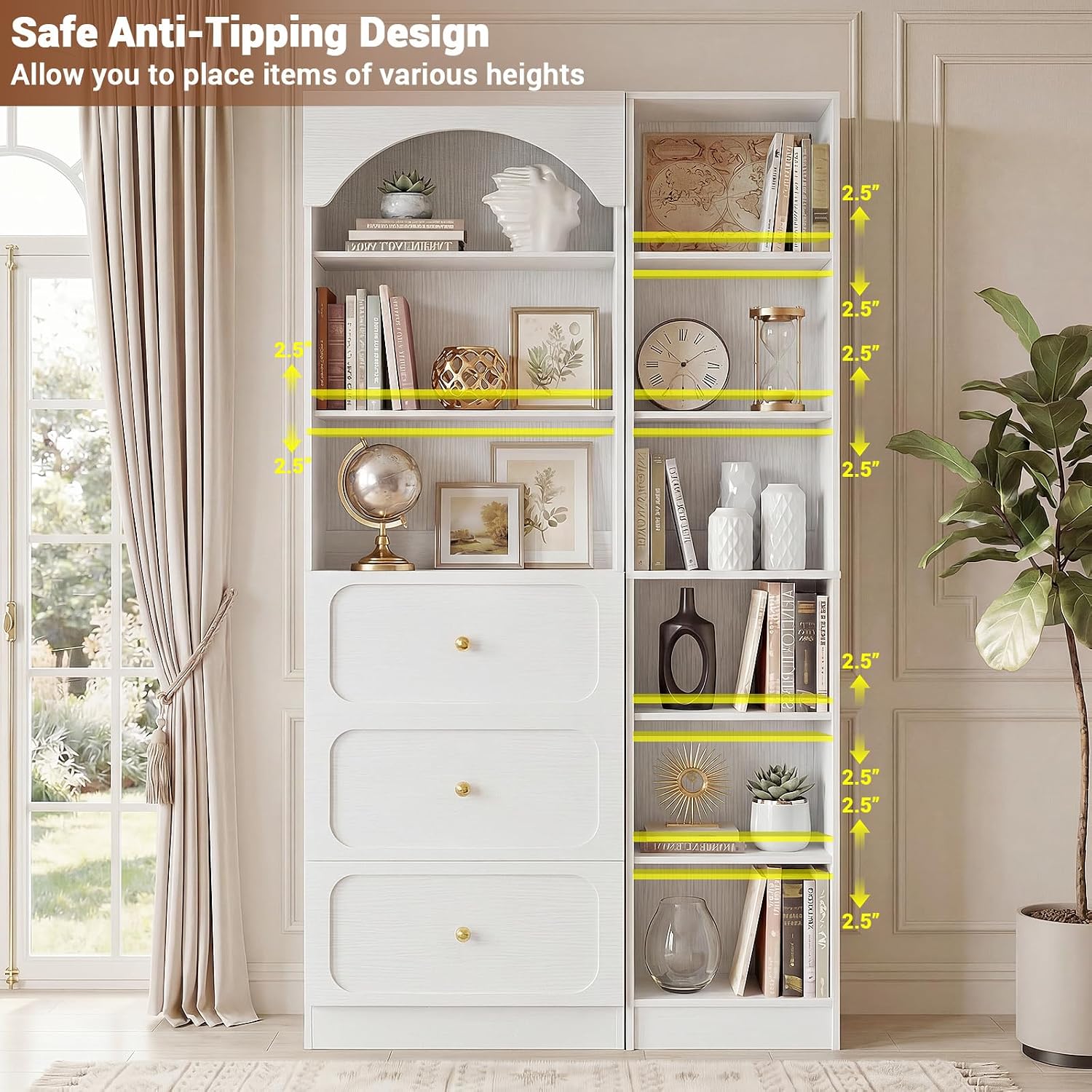 Cyclysio 80" Tall Pantry System with 3 Drawers, Arched Pantries with 9-Tier Open Shelves, Wooden Cupboard Storage Organizer with Baseboard Cutout for Living Room, Kitchen