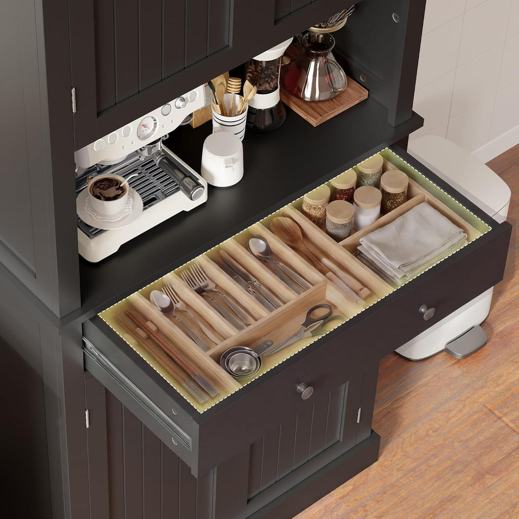 Apicizon 71’’ Tall Kitchen Pantry Storage Cabinet, Modern Kitchen Hutch Bar Cabinet with Microwave Stand & 3 Adjustable Shelves, Cupboard with Deep Drawer, Wood Buffet Sideboard for Dining Room, Black