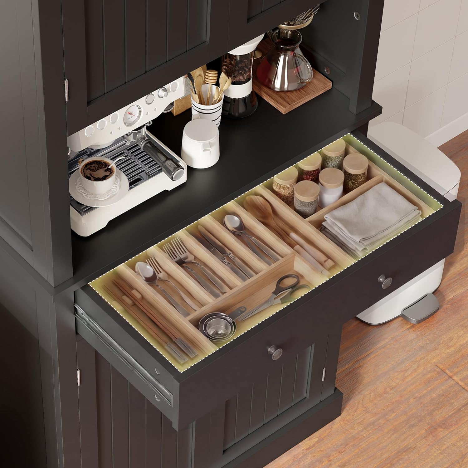 Apicizon 71’’ Tall Kitchen Pantry Storage Cabinet, Modern Kitchen Hutch Bar Cabinet with Microwave Stand & 3 Adjustable Shelves, Cupboard with Deep Drawer, Wood Buffet Sideboard for Dining Room, Black