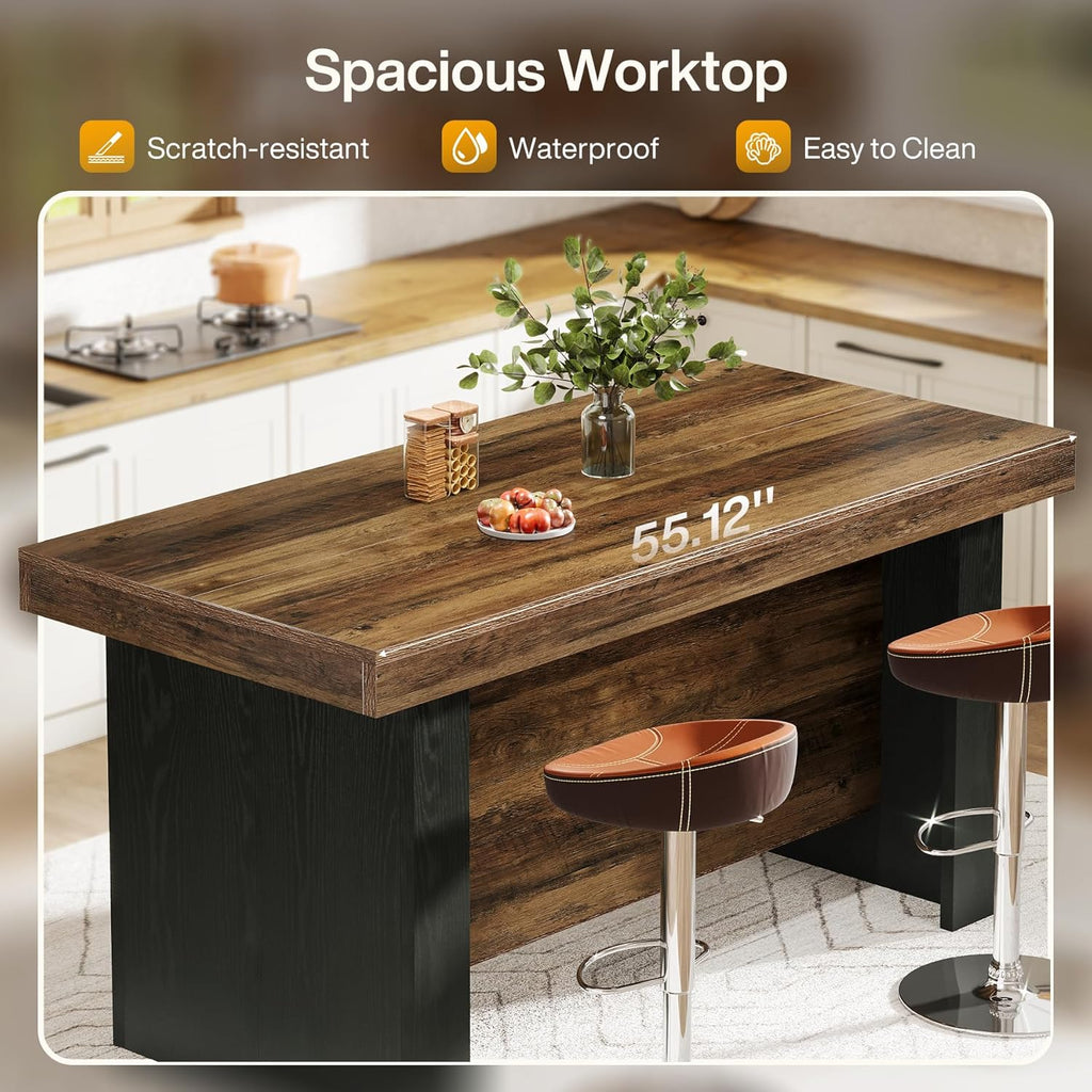Tribesigns 55-Inch Kitchen Island with Storage, Farmhouse Center Island Table for Kitchen, Dining Room, Living Room, Brown & Black