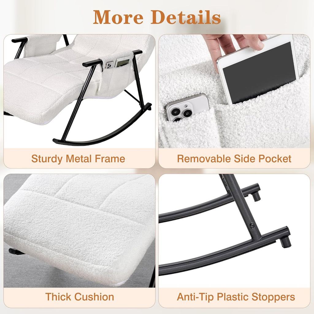 VECELO High Back Nursery Rocking Chair with Foot Rest, Teddy Upholstered Reclining Glider Rocker, Comfy Armchair Padded Seat Removable Side Pockets for Living Room, Bedroom, Balcony, White
