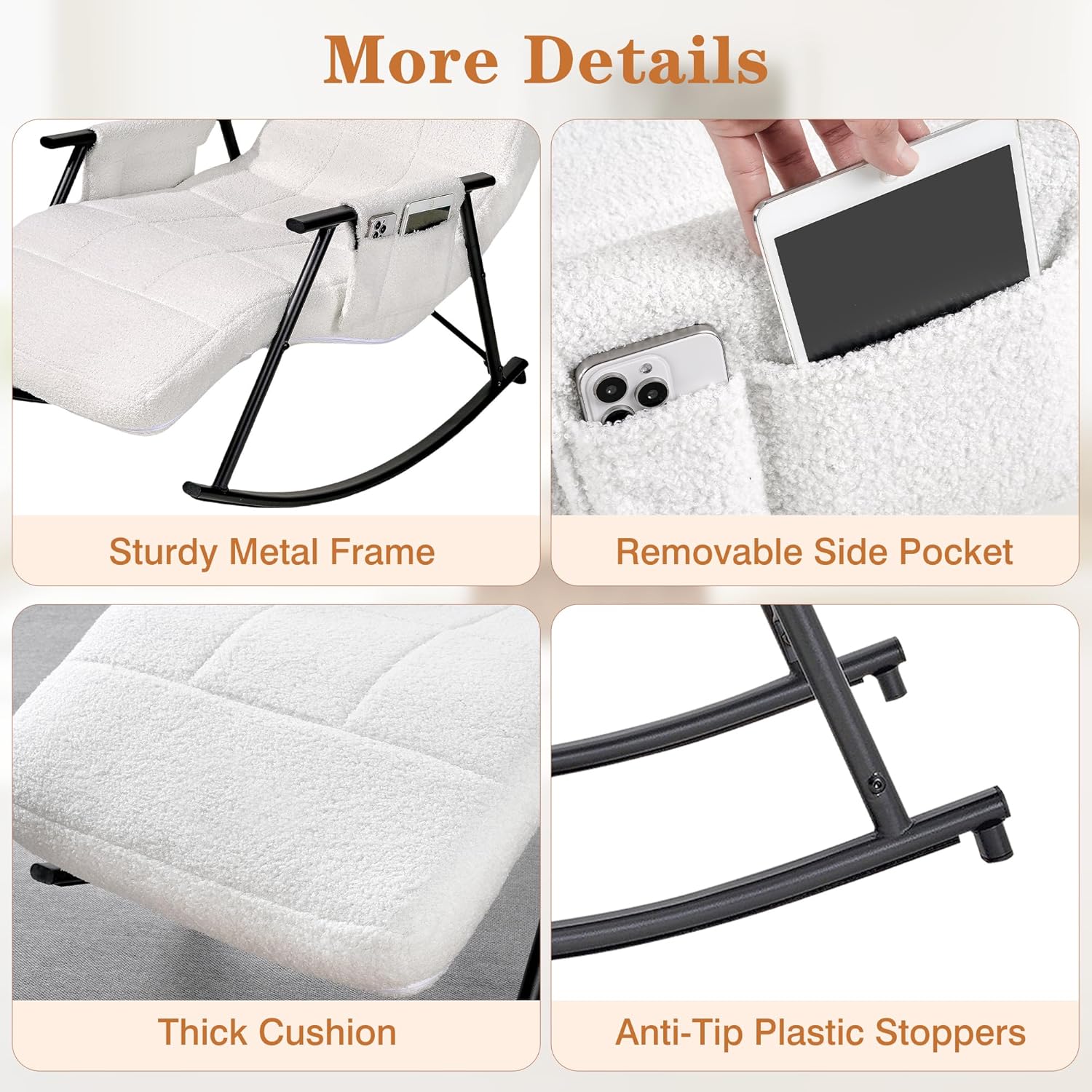 VECELO High Back Nursery Rocking Chair with Foot Rest, Teddy Upholstered Reclining Glider Rocker, Comfy Armchair Padded Seat Removable Side Pockets for Living Room, Bedroom, Balcony, White