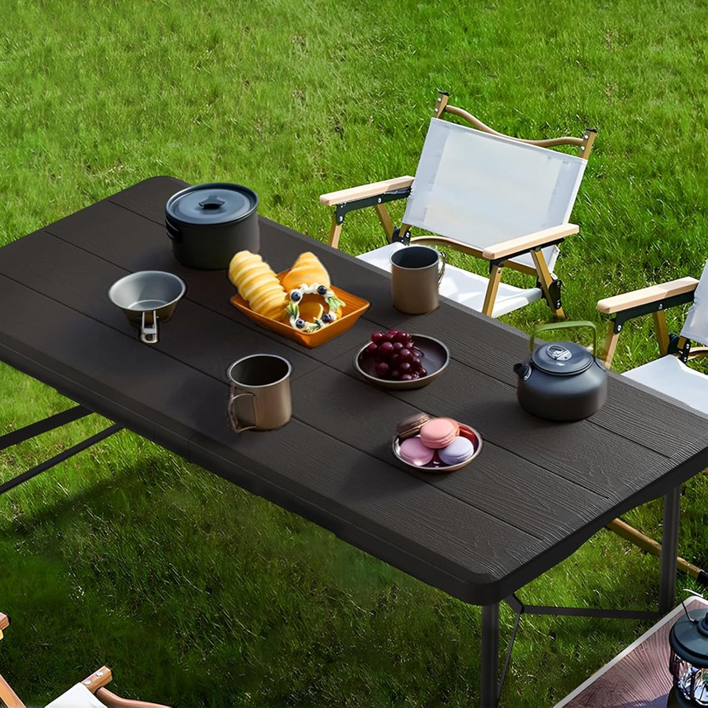4Ft Folding Table Portable Folding Tables Heavy Duty 400 lbs Capacity, Wood Grain Tabletop for Working Meeting Parties, Picnic, Camping, Weddings, Garden Dining-Black (4FT)