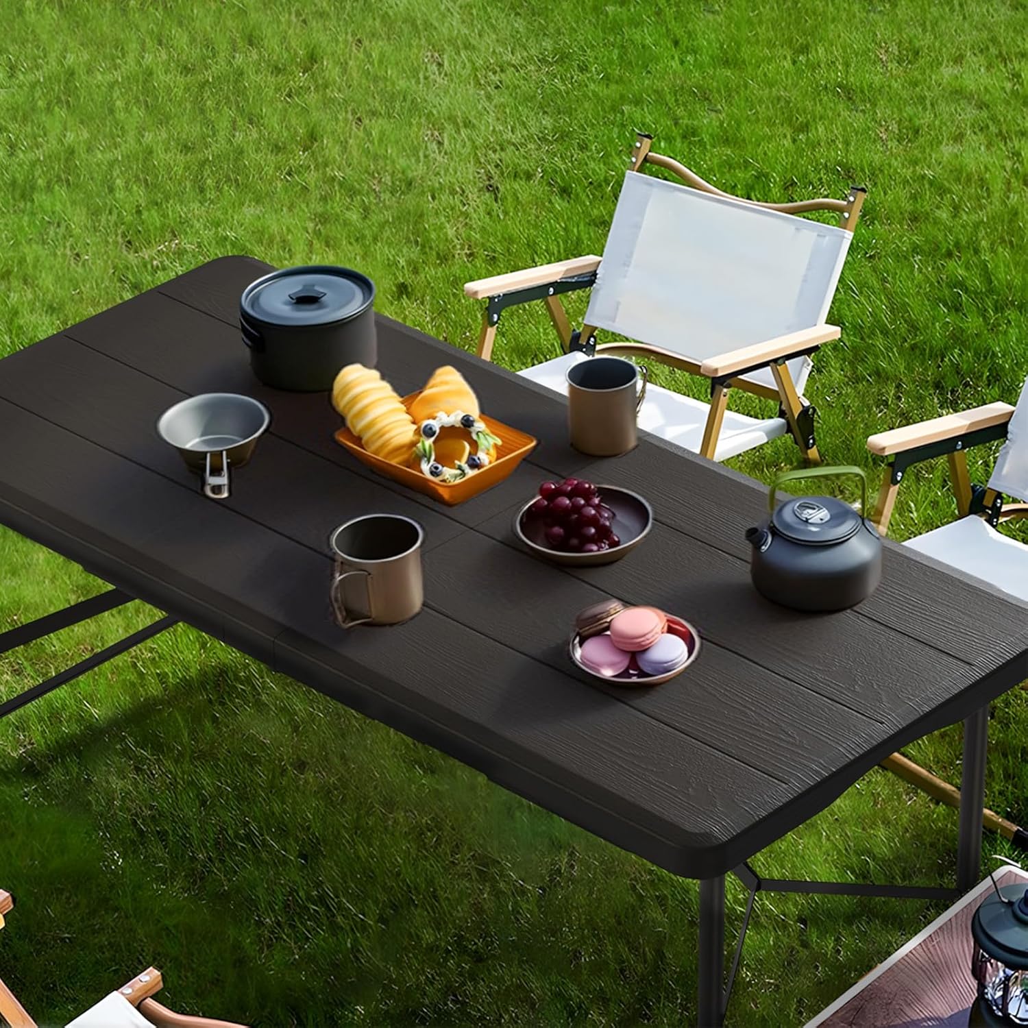 4Ft Folding Table Portable Folding Tables Heavy Duty 400 lbs Capacity, Wood Grain Tabletop for Working Meeting Parties, Picnic, Camping, Weddings, Garden Dining-Black (4FT)