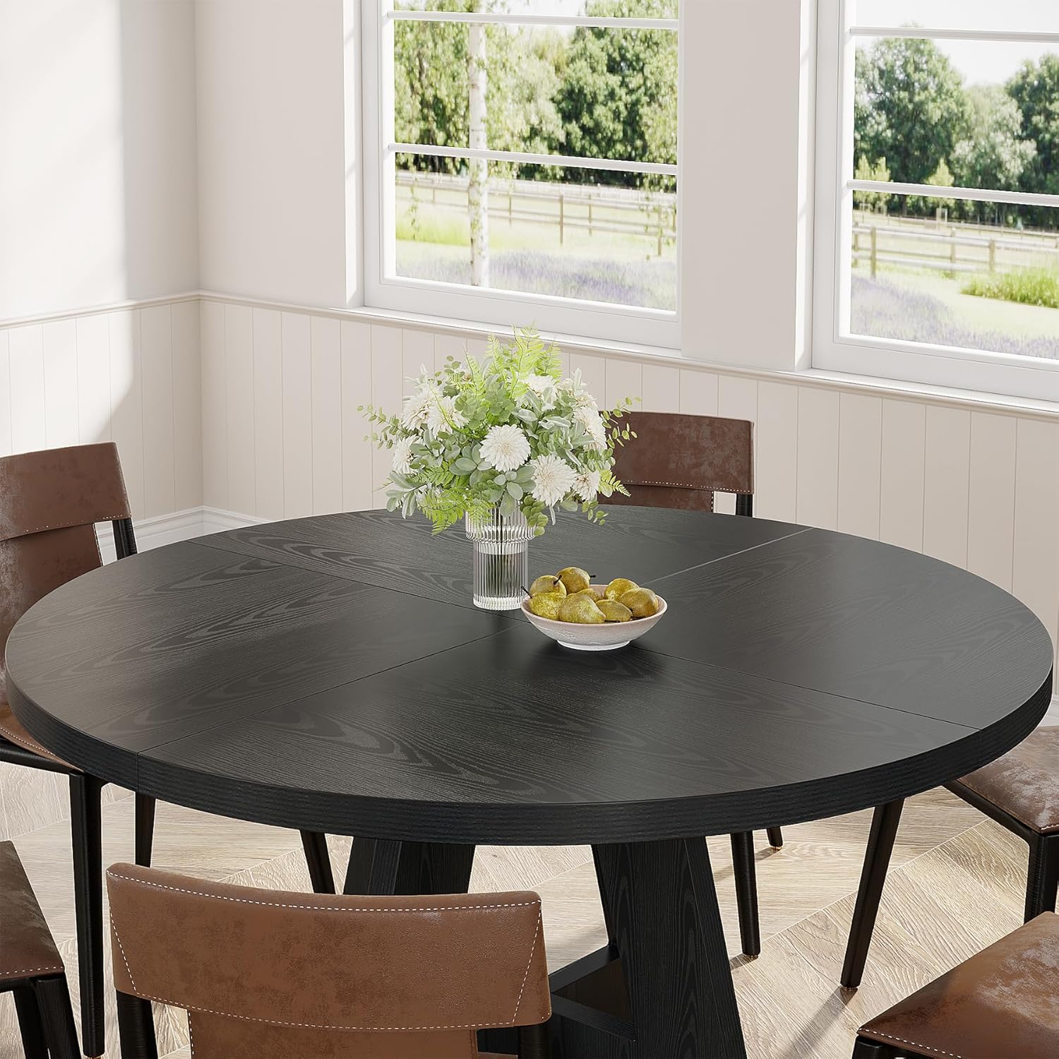 Tribesigns 47 inch Round Dining Table Wood Kitchen Table for Dining Room, 47" Dinner Room Tables for 4-6, Farmhouse Accent Furniture with Wooden Tabletop and Cross Base, Black