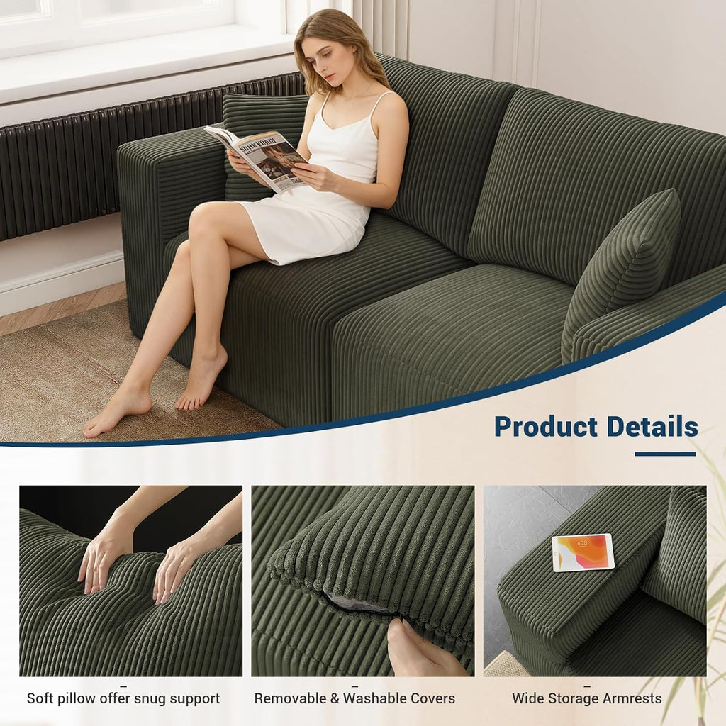 Modular Loveseat Couch Cloud Couches for Living Room - 79" Boneless Sofa - No Assembly Required, Cozy Corduroy Convertible Full Sponge Compression Sofas for House, Apartment(Green)