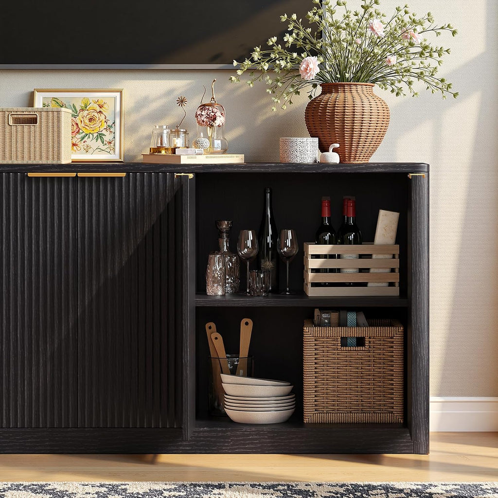 Evermagin 67" Fluted Black Buffet Cabinet Sideboard with Storage, Large Credenza with 6 Doors, Wood Mid Century Modern Sideboard for Kitchen and Living Room (67"*31.5"*15.7")