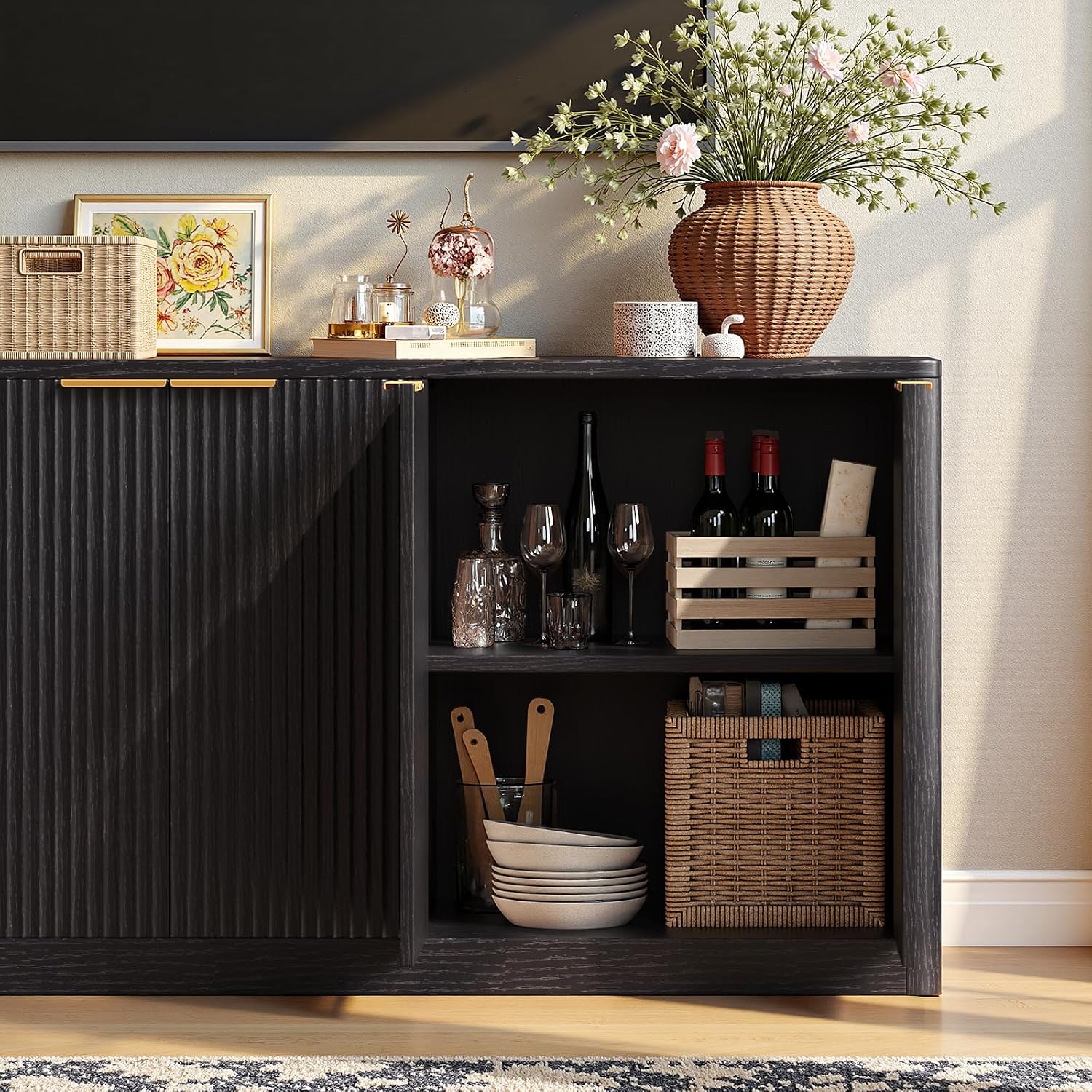 Evermagin 67" Fluted Black Buffet Cabinet Sideboard with Storage, Large Credenza with 6 Doors, Wood Mid Century Modern Sideboard for Kitchen and Living Room (67"*31.5"*15.7")