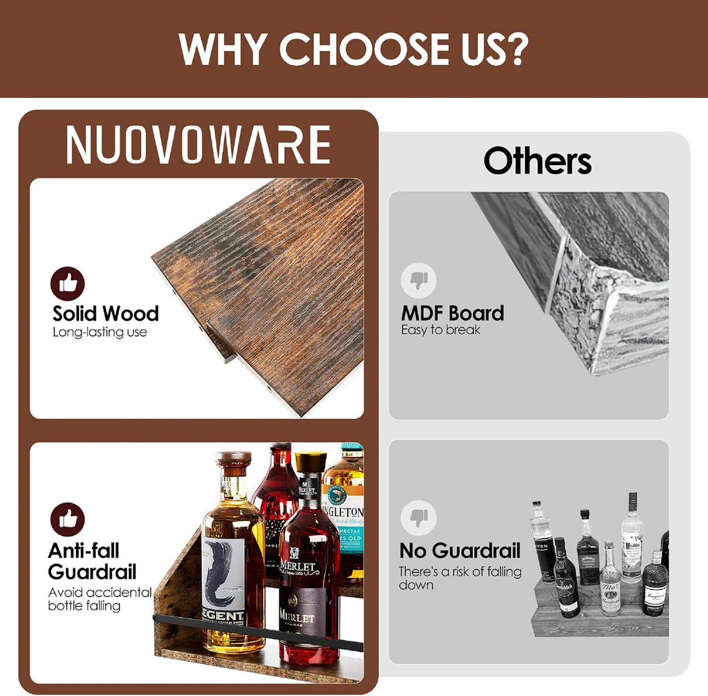 Nuovoware Liquor Bottle Display Shelf, Coffee Syrup Organizer, 2 Step Countertop Liquor Wine Rack, Home Retro Shelf Stand for Mini Bar, Cabinet, Bar Essentials for Whiskey, Spirits, Dark Wood