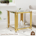Luxury Gold Square Glass End Table, 19.7" Modern Side Table with Stainless Steel Irregular Leg Clear Tempered Glass Tabletop, Accent Furniture for Living Room (Clear, Set of 2)