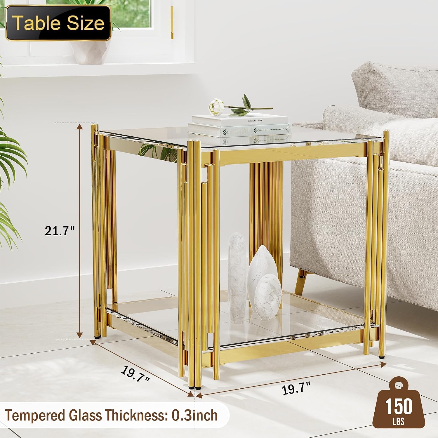 Luxury Gold Square Glass End Table, 19.7" Modern Side Table with Stainless Steel Irregular Leg Clear Tempered Glass Tabletop, Accent Furniture for Living Room (Clear, Set of 2)