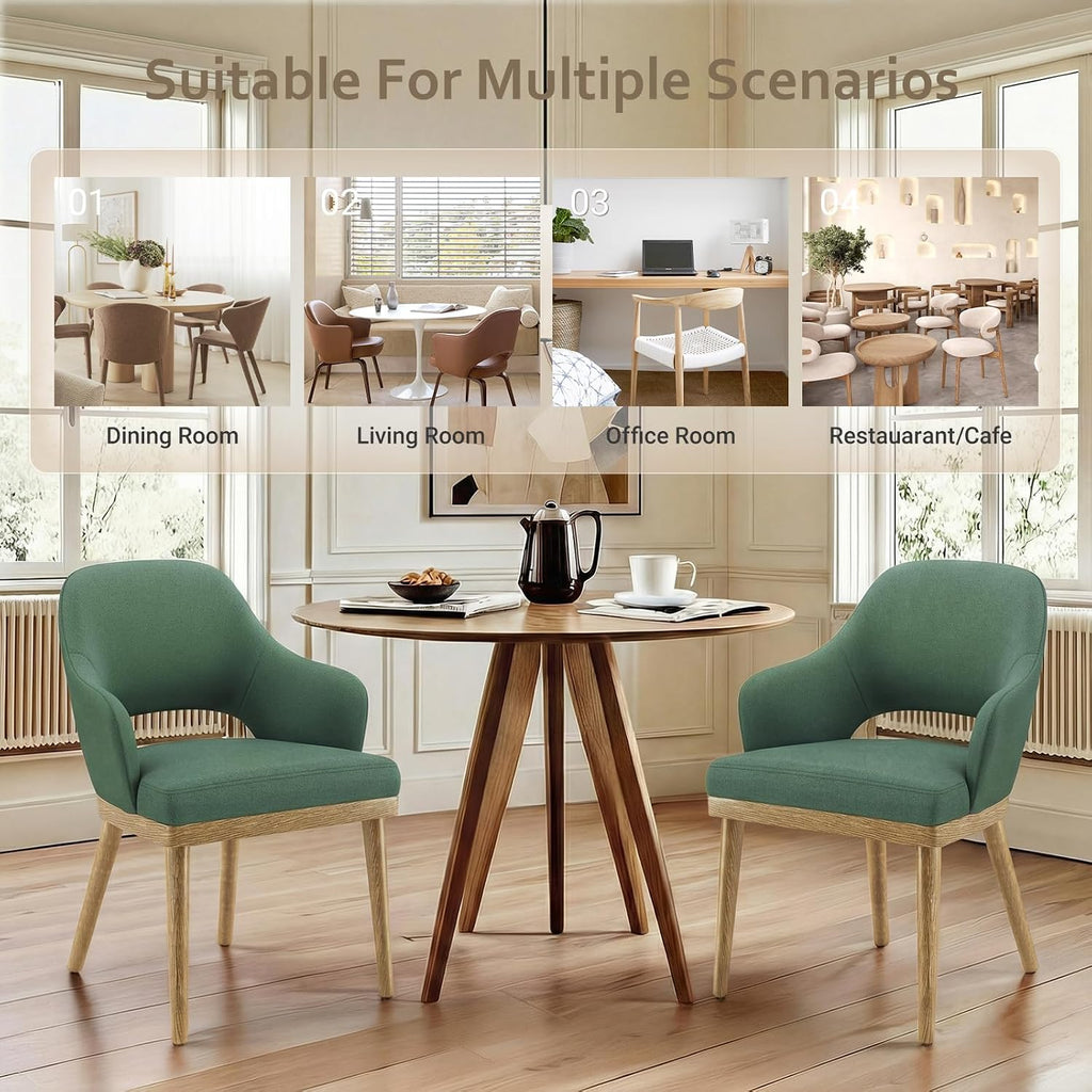 MALOL Wooden Dining Chairs Set of 2, Modern Fabric Upholstered Dining Room Chair, Kitchen Side Chairs, Farmhouse Dinner Chair with Open Back for Kitchen, Green